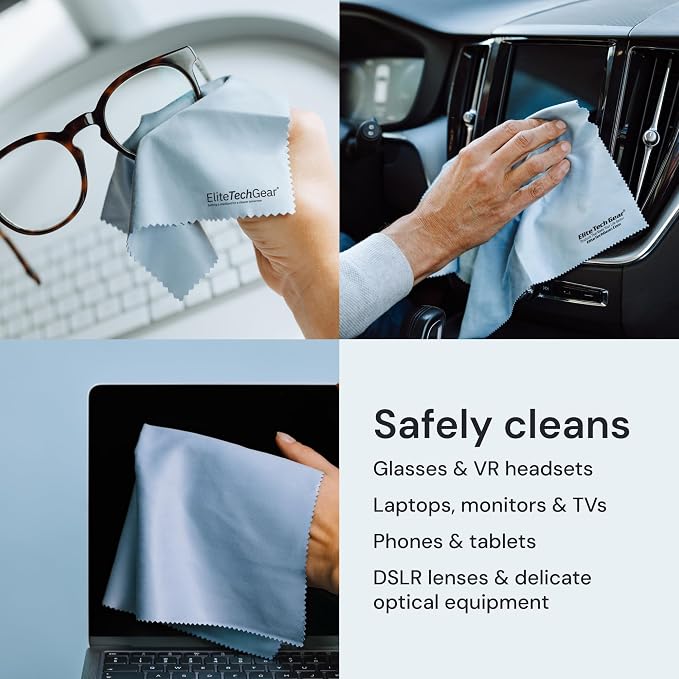 Elite Tech Gear Microfiber Cleaning Cloths for Glasses & Screens, 6-Pack | Blue - 5-pc 6"x7" and 1-pc 12"x12" - Streak-free - Safe for Delicate Lenses - Clean TVs, Phones, DSLR & Coated Lenses