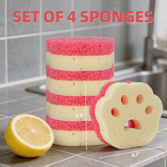CLEANGOR 4pcs Scrub Sponges, Dual-Sided Temperature-Controlled Dish Sponges | Scratch-Free, Easy to Clean, Kitchen Cleaning Sponges for Tough Stains, Delicate Surfaces, Glassware, Cookware, Appliances