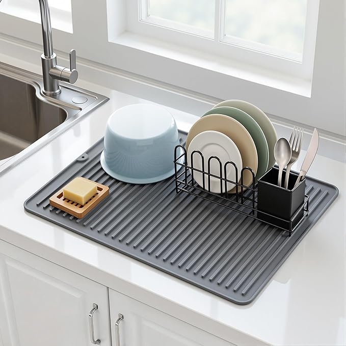Songrey 24" x 18" Silicone Dish Drying Mat, Kitchen Counter Drying Pad for Sink Dishes or Under Rack, Multi-Use as Heat Resistant Trivet, Coffee Bar Mat