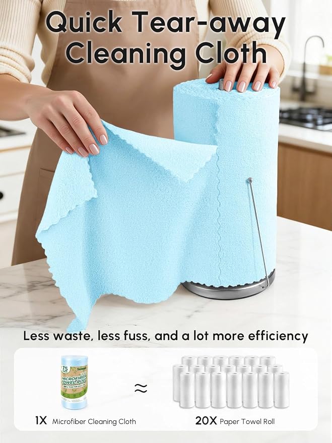 Microfiber Cleaning Cloths Roll, 75 Pack Tear Away Microfiber Towels Roll, 12" x 12" Lint Free Rags, Reusable Cleaning Cloths, Washable, Scratch Free,Ultra Absorbent Dish Rags(Blue)