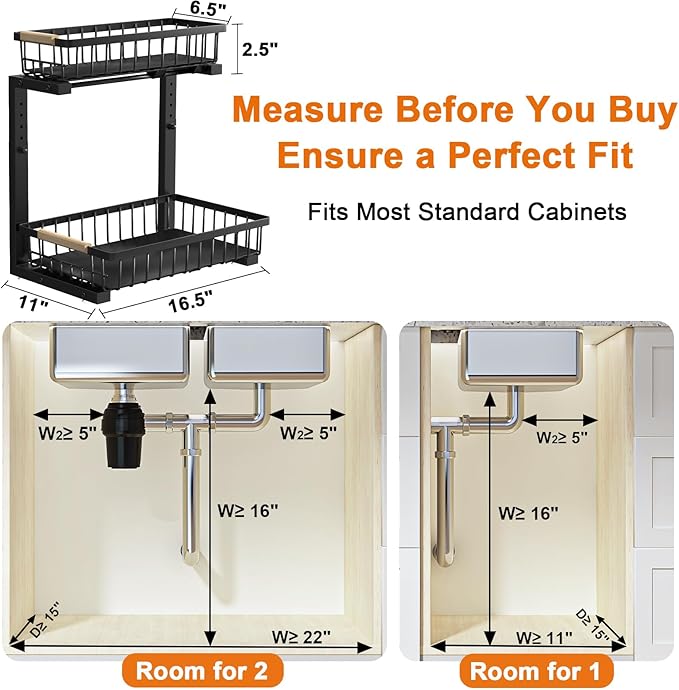 REALINN Under Sink Organizer, Height Adjustable 2 Tier Pull Out Cabinet Storage, L-Shaped Drawer Organizer for Kitchen Sink Organizer, Bathroom Organizers and Storage, Smooth Sliding Rails, Black
