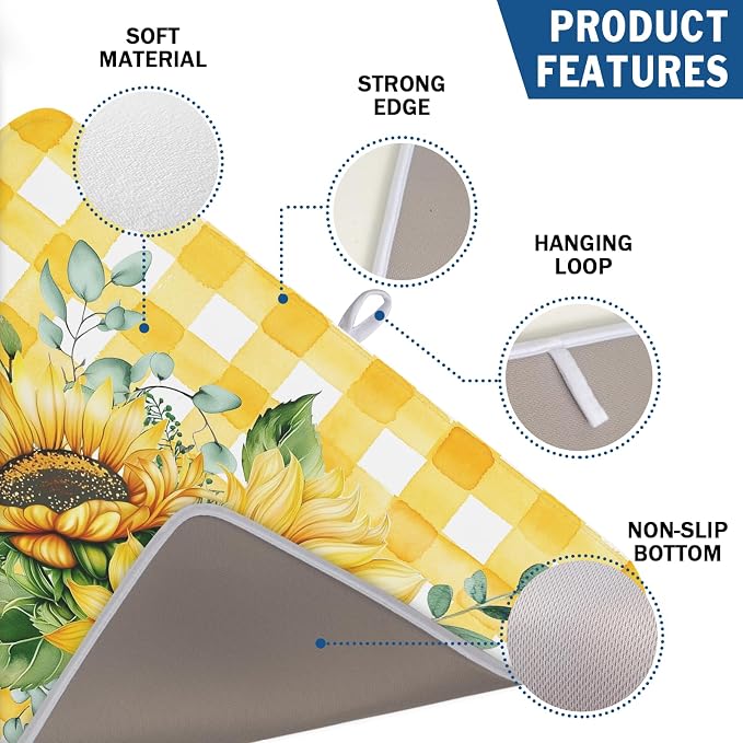 Sunflower Dish Drying Mat 18x24 Inch Absorbent Reversible Summer Sunflower Drying Mat Summer Plaid Dish Drying Rack Mat Yellow Summer Themed Dish Drainer Mat for Kitchen Counter Coffee Bar