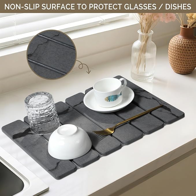 Large Stone Dish Drying Mat for Kitchen Counter, 2PCS Quick Dry Stone Dishes Mat,Foldable Water Absorbing Diatomaceous Drying Organizer Pad for Plate Rack Bottles Utensils(Dark Gray 16"x12" & 8“x4")