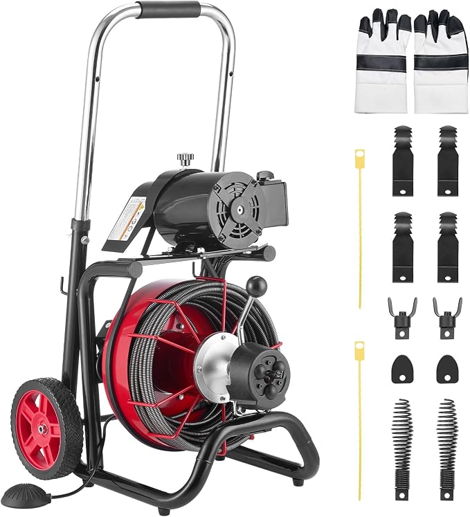 VEVOR Drain Cleaner Machine 100FT x 3/8 Inch, Auto Feed Sewer Snake Auger on Wheels, 370W Portable Drain Cleaning Machine with 8 Cutters & Air-activated Foot Switch for 2" to 4" Pipes