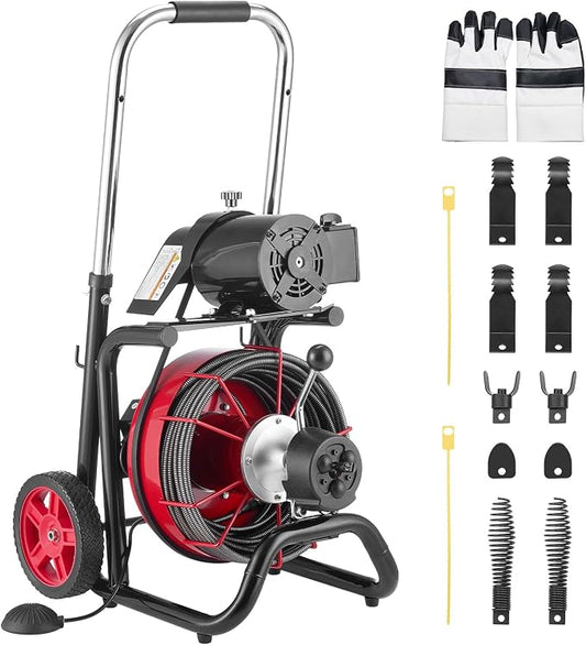 VEVOR Drain Cleaner Machine 100FT x 3/8 Inch, Auto Feed Sewer Snake Auger on Wheels, 370W Portable Drain Cleaning Machine with 8 Cutters & Air-activated Foot Switch for 2" to 4" Pipes