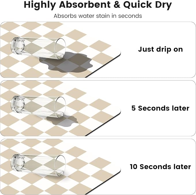 Checkered Dish Mat for Kitchen Coffee Station, 16" x 24" Beige | Quick Drying & Absorbent Mat for Coffee Bar Espresso Machine Countertops Accessories