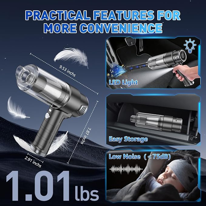 KMM Handheld Car Vacuum Cleaner, 10000PA Hand Held Vacuum & Air Duster | Strong Suction, Cordless, 120W High Power, Portable, Multi-Nozzles & LED Light, for Home, Car, Office
