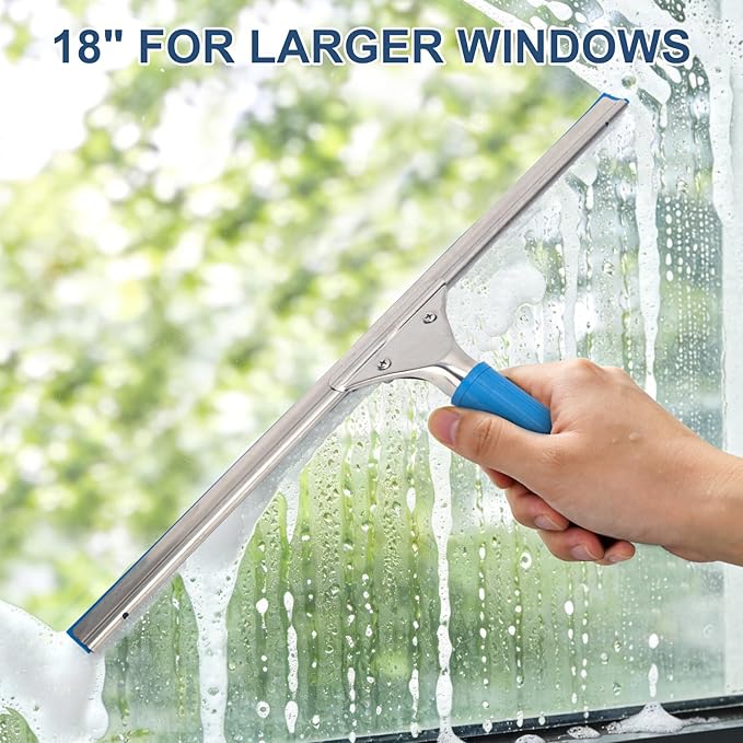 18” Professional Squeegee for Window Cleaning with 12” Replacement Blades | Window Squeegee for Shower Glass Door, Stainless Steel Rubber Squeegee