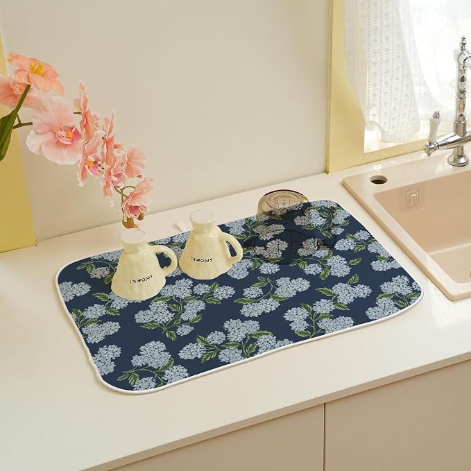 Navy Blue Dish Drying Mat 18x24 Inch Blue Green Vintage Floral Hydrangea Flower Drying Mat Spring Summer Seasonal Absorbent Dish Drying Pad Dish Rack Drainer Mats for Kitchen Dining Counter