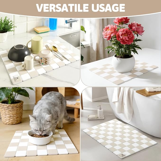 Yamaziot Stone Drying Mat for Kitchen Counter, 16"x12" Small Foldable Ultra Absorbent Stone Drying Mat, Quick-Dry Diatomaceous Earth Mat, Non-Slip Heat Resistant Mat for Dishes, Cups, Bottles, Beige