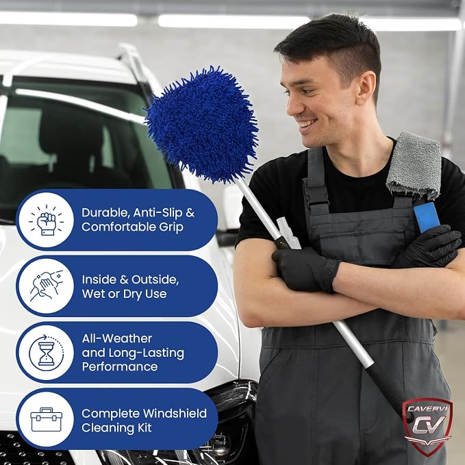 Windshield Cleaner Tool for Inside Car Windows with 6 Microfiber Pads Power Blade Glass Cleaning Kit, Magnetic Reach Handle for Auto Interior, Streak Free Window Supplies