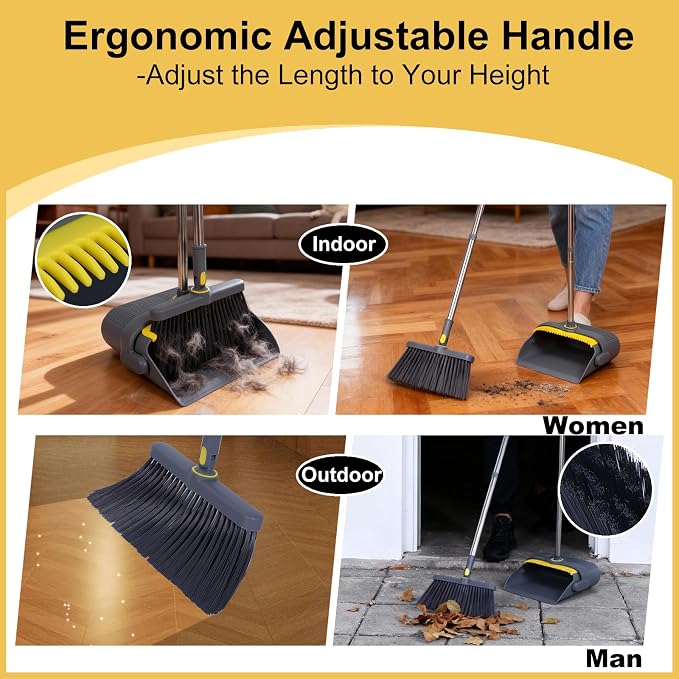 Heavy Duty Broom and Standing Dustpan Combo Set, Rotatable Head Dust Pan and Brush Set with Collapsible Handle, Cleaning Teeth, Hanging Loop, Ideal for Pets, RV, Kitchen, Camping, Outdoor Floor, Gray