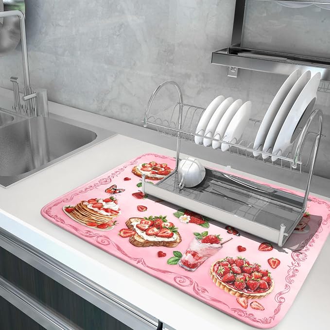 Strawberry Dish Drying Rack Mat Pink Absorbent Microfiber Dish Drying Mat for Kitchen Counter 18x24 In