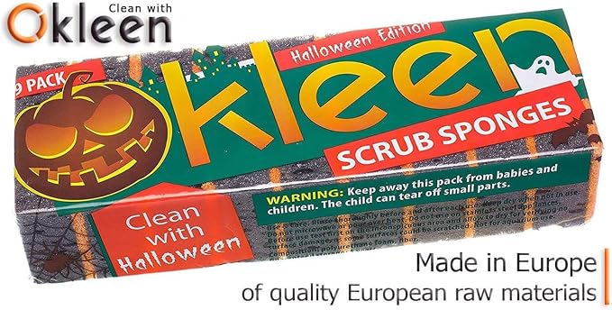 Black & Orange Multi Use Scrub Sponges. Made in Europe. 18 Pack, 4.3x2.8x1.4 inches. Heavy Duty and Non Scratch Fiber. Odorless Durable and Delicate Halloween Holiday Sponges