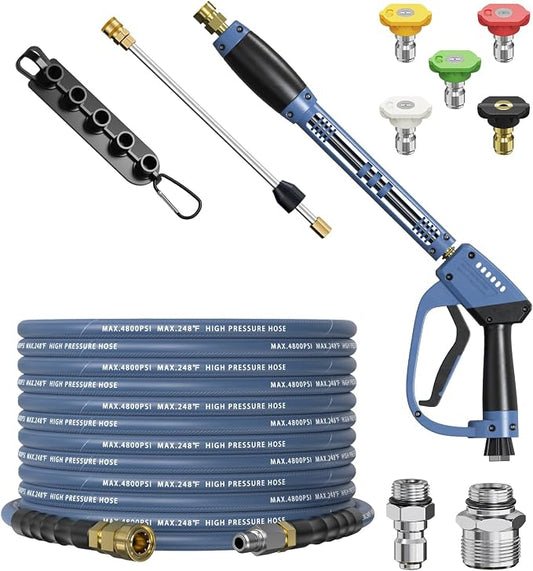 Pressure Washer Gun and Hose Kit, 4800PSI Flexible & Kink-Resistant - Steel Braided & Durable High Power Washer Hose 25 FT with 3/8" Swivel Quick Connector and M22 14mm Adapters & 5 Nozzles