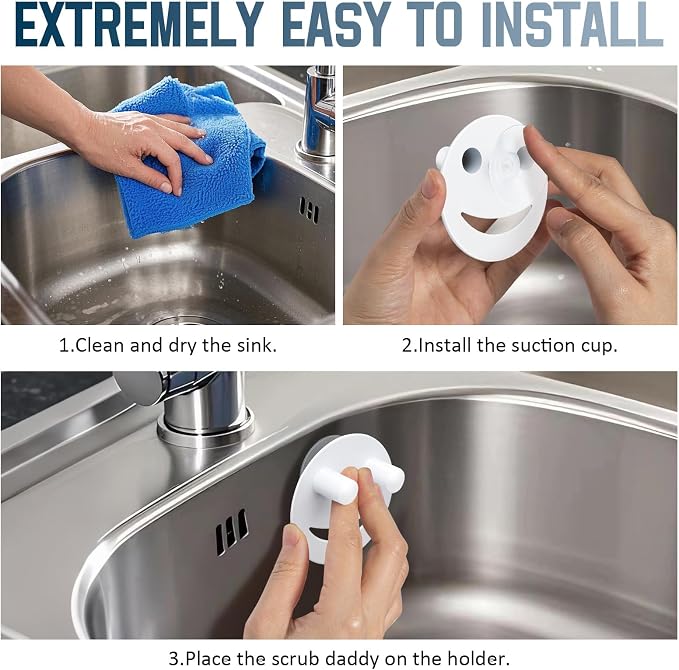 Yoshiky Stainless Steel Smiley Face Sponge Holder, Silver Sink Caddy Organizer Storage with Suction Cup for Kitchen, Kitchen Accessories Decor Scrubber-White