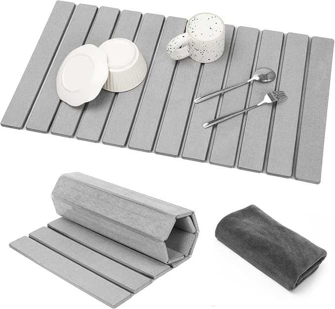Dish Drying Mat Large Stone Dish Drying Mat For Kitchen Counter Collapsible Quick-Drying Sleek Diatomaceous Versatile Stone Drying Mats For Cups Dishes Bottles Marble (gray, 16''X24'')
