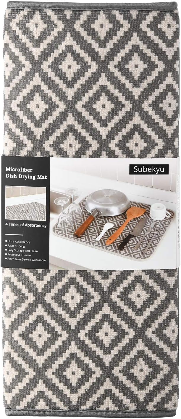 Dish Drying Mat for Kitchen 2 Pack, Ultra Absorbent Microfiber Dishes Drainer Mats by Subekyu,19.2 by 15.8 Inch(Rhombus)