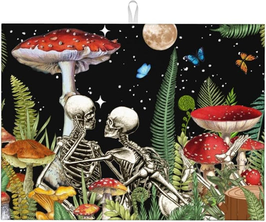 Red Mushroom Skull Dish Drying Mat For Kitchen Counter, Super Absorbent Microfiber Dish Drying Pad, Kitchen Gadgets For Easy Clean Multi-Use Large 18"x24"
