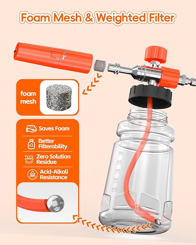 Foam Cannon for Pressure Washer with 1/4" Quick Connector, Wide Mouth Foam Cannon, Adjustable Soap Cannon for Car Wash, Additional 1.1mm Orifice Nozzle (Orange)