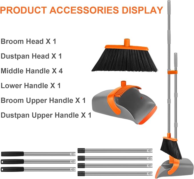 Broom and Dustpan Combo Set, 55" Long Handle Broom Orange | Large Area Outdoor Cleaning, Extended Reach Design, Built-in Comb Dustpan, Foldable Storage for Garage, Patio & Home