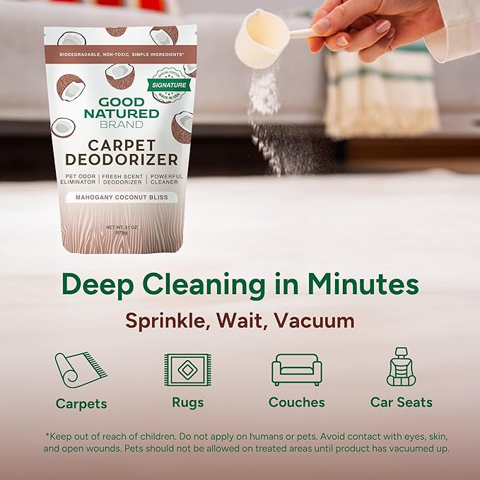 Good Natured Brand | Carpet Deodorizer & Freshener Powder | 31 oz Pet Odor Eliminator for Strong Odor & Pet Urine | Fresh Natural Mahogany Coconut Bliss Scent | Safe for Homes with Pets