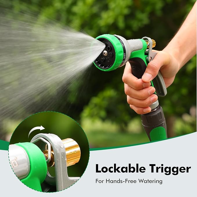 RESTMO Garden Hose Nozzle Heavy Duty, Rear Trigger Water Sprayer, Green | 7 Adjustable Spray Patterns, Durable Metal, Flow Control, Ideal for Plants & Lawns Watering, Cars & Pets Washing