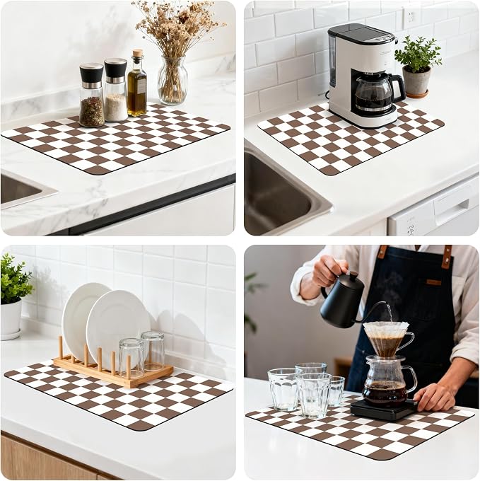 Checkered Dish Mat for Kitchen Coffee Station, 12" x 20"Coffee Brown | Quick Drying & Absorbent Mat for Coffee Bar Espresso Machine Countertops Accessories
