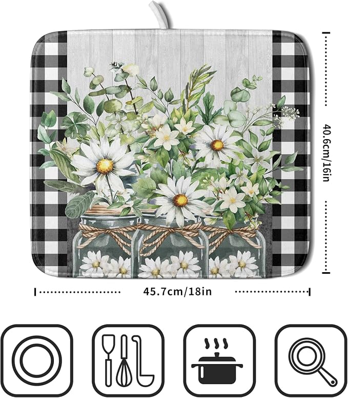 Spring Summer White Daisy Flowers Dish Drying Mat for Kitchen Counter Daisy Spring Flowers Dish Drying Mat 16x18 Inch Absorbent Reversible Microfiber Protector Drainer Mat Dishes Pad for Countertops