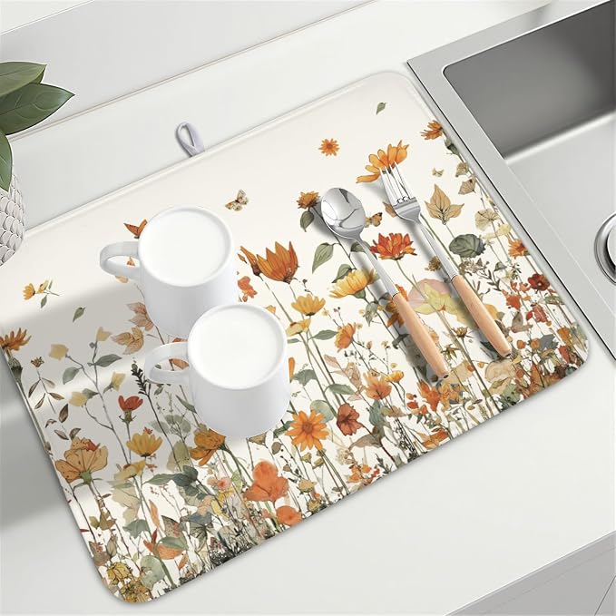 Fall Floral Dish Drying Mat for Kitchen Counter Orange Rustic Vintage Wildflower Pattern Microfiber Dish Drainer Mat Autumn Absorbent Washable Drying Pad Extra Large 18"x24"