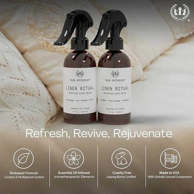 Muse Apothecary Linen Ritual - Aromatic, Soothing, and Relaxing Linen Mist, Laundry and Fabric Spray - Infused with Aromatherapy Essential Oils - 4 oz, Tonka Bean + Amber + Warm Cedarwood, 2 Pack