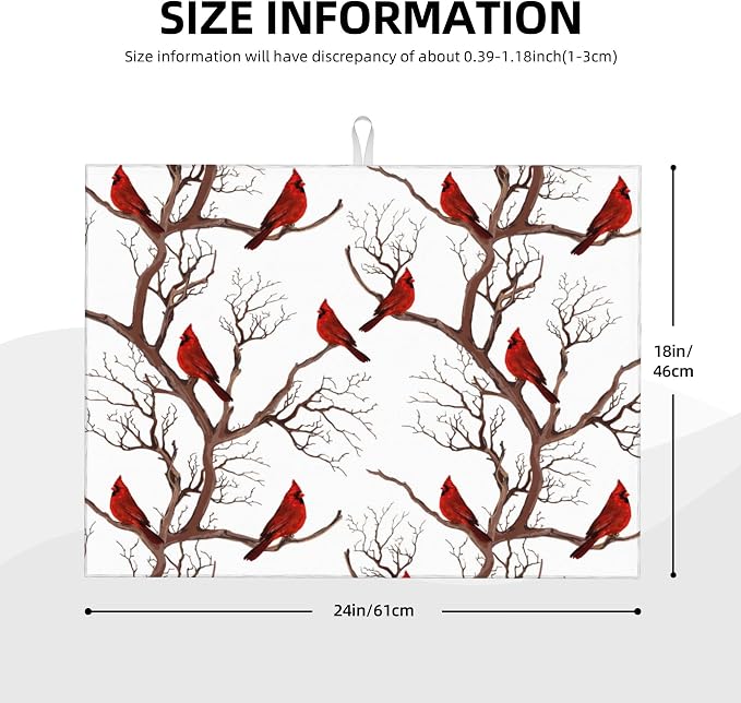 Winter Cardinal Birds Microfiber Dish Drying Mat for Kitchen Counter 18"x24" Christmas Dishes Drying Pad Dish Drainer Rack Mats Absorbent Washable Reusable Christmas Kitchen Home Holiday Decor