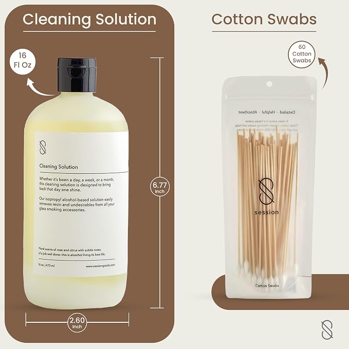 Session Goods Glass Cleaning Solution 16Oz Scented with Cotton Swabs | Glass Pipe Cleaner, Water Pipe Cleaner Cleans Metal, Silicone, Ceramic & Resin Remover, Destroy Wax, Oil & Stinky Debris