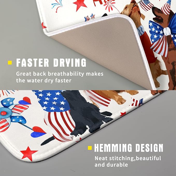 Giwawa 4th of July Patriotic Dogs Dish Drying Mat American Independence Day Dish Dry Pad 16"x18" Absorbent Dishes Drainer Mat for Kitchen Counter