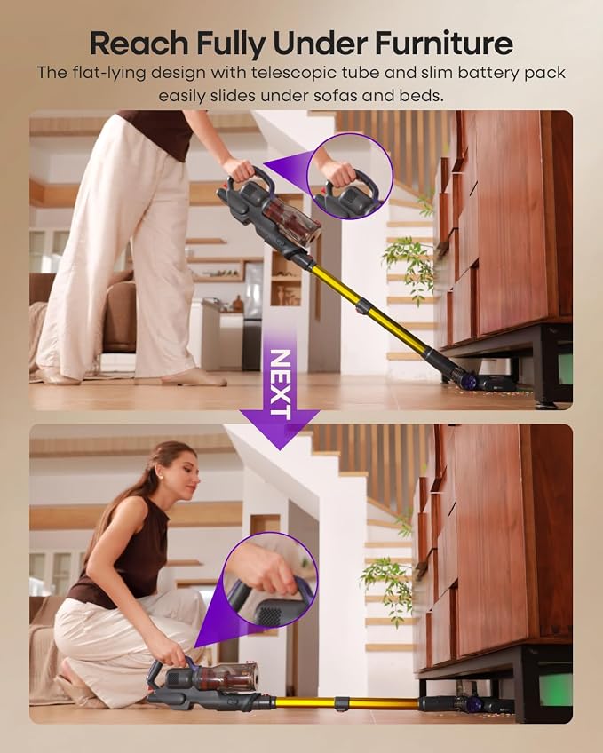 AlloyMove Cordless Vacuum Cleaner 45KPA, Up to 60mins Runtime Lightweight Powerful Suction Vacuum Cleaners for Home, 3 Suction Modes, Rechargeable Stick Vacuum for All Floor/Carpet/Pet Hair/Car, A03