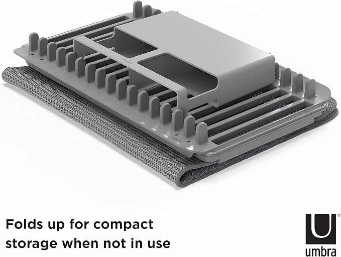 Umbra Udry Dish Rack and Microfiber Drying Mat – Space-Saving Design Folds Up for Easy Storage, Over-Sink Rack, Gray
