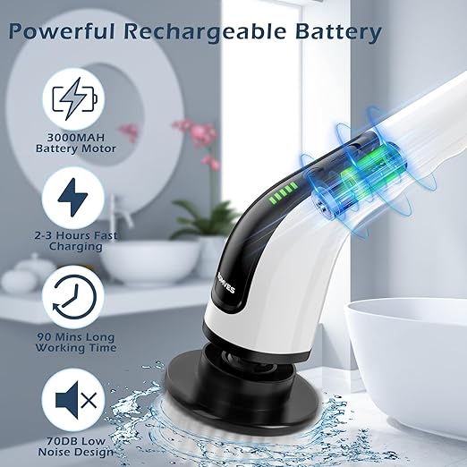 Electric Spin Scrubber, Power Shower Cleaning Brush with Long Handle | Cordless Cleaning Scrubber, 7 Replaceable Brush Heads, 90Mins Work Time, 3 Adjustable Size, 2 Speeds for Bathroom Cleaner