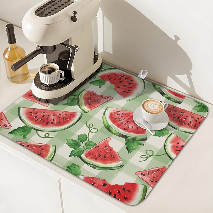 Summer Dish Drying Mat for Kitchen Counter Watercolor Watermelon Green Buffalo Plaid Microfiber Dish Drainer Mat Rustic Absorbent Washable Drying Pad 16"x18"