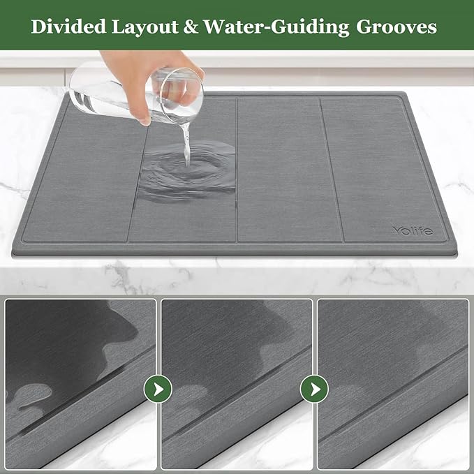 Yolife Extra Large Stone Drying Mat for Kitchen Counter, 23.7" x 15.4" Kitchen Stone Dish Drying Mat, Quick Drying Diatomaceous Earth Dish Drying Mat, Stone Dish Mat with Non Slip Pad (Grey)