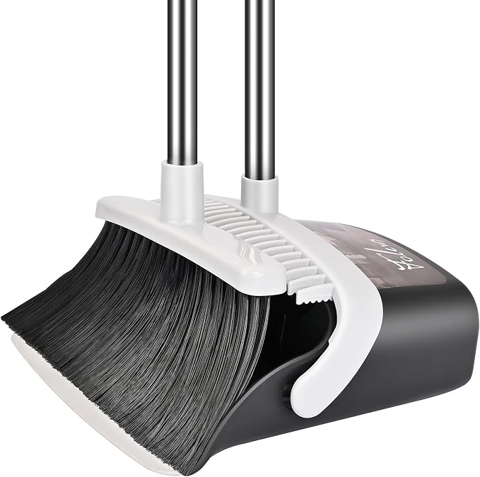 Folews Broom and Dustpan Set, Heavy Duty Dust Pan with Broom Combo Set | 51 Inch Long Handle, Upright Self-Cleaning, for Home Kitchen Lobby Indoor Outdoor Sweeping Cleaning Tool, Gray