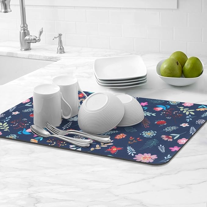 LOKHOM Dish Drying Mat for Kitchen Counter, 12"x20" Absorbent Vintage Diner Rack Mats with Colorful Floral Pattern for Coffee Maker, Coffee Pot, Dining Room Decoration