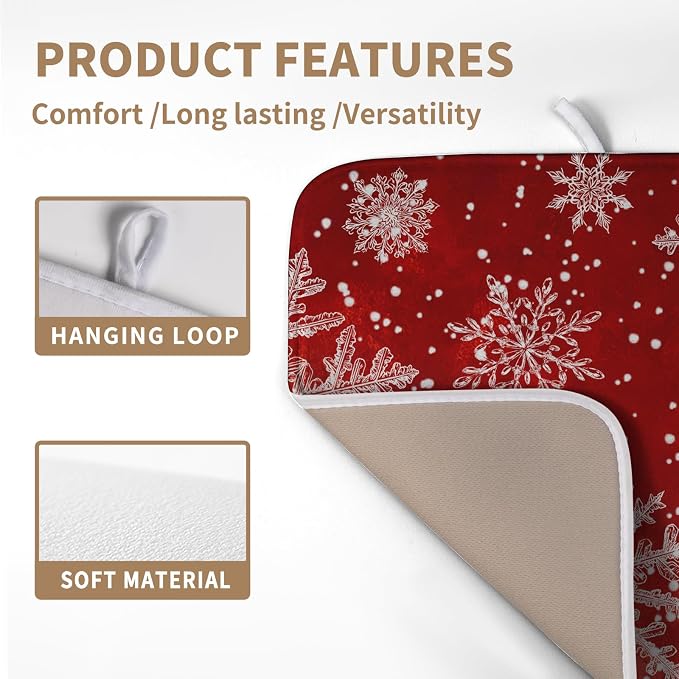 Christmas Dish Drying Mat for Kitchen Counter 16x18 Inch Red Snowflake Xmas Drying Pad Winter Holiday Dish Draining Mat Absorbent Microfiber Dish Drainer Rack Mat for Coffee Bar Kitchen