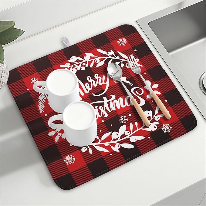 Merry Christmas Dish Drying Mat for Kitchen Counter, Red Buffalo Plaid Kitchen Drying Mat Microfiber Absorbent Dishes Pad Winter Xmas Dish Drainer Rack Mats Fast Dry Kitchen Accessories 16”x18”
