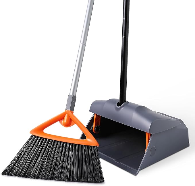 CLEANHOME Heavy Duty Broom with Dustpan Combo Set, Grey | Indoor and Outdoor,Stiff Bristle, Commercial Angle Broom and Standing Dust Pans, Long Handle ,for Sweeping Home,Kitchen,Yard