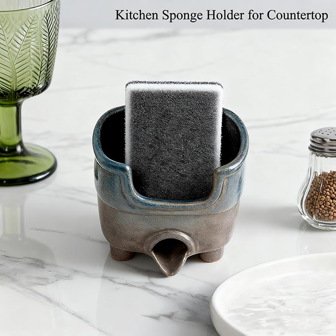 Ceramic Sponge Holder with Drainage, Farmhouse Sink Caddy Organizer, Self Draining Design for Sponges, Soap, Brushes, Compact Rustic Kitchen Accessory, Keeps Counter Dry, Country Blue