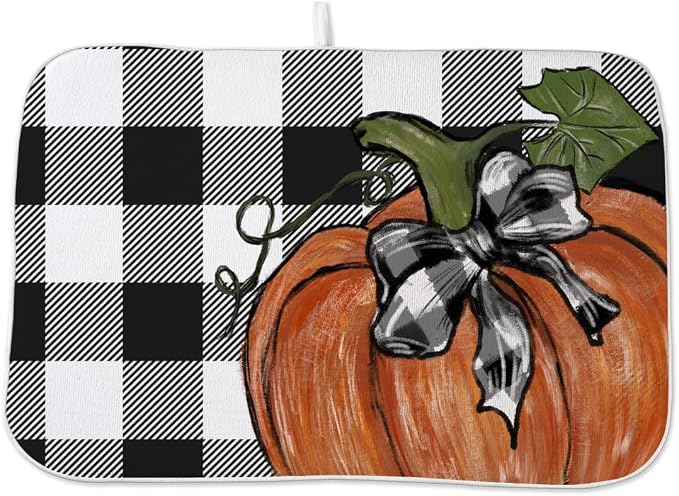 Fall Dish Drying Mat 18 x 24 Inch Thanksgiving Buffalo Plaid Pumpkin Drying Mat for Kitchen Counter Absorbent Farmhouse Autumn Orange Pumpkin Dishes Dry Pad for Drainer Rack Kitchen Fast Dry