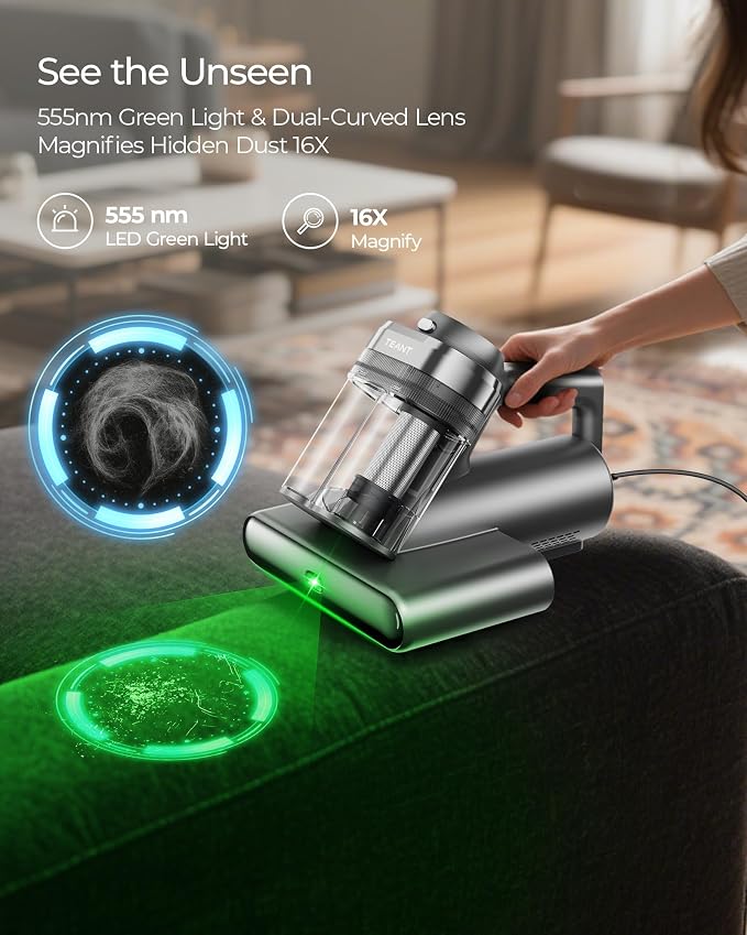 Teant Bed Mattress Vacuum, 18 kPa & Green Light Dust Detection, MV-Grey | 2-Speed Bed Vacuum Cleaner with 253.7nm UV-C & Ultrasonic, LED Display, 149℉ Heat, HEPA, Aroma & Anion for Bed Sofa Pet Hair