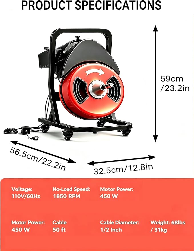 50FTx1/2 Inch Drain Cleaner Machine with Wheels, Sewer Snake Drain for 2" to 4" Pipes, Plumbing Snake Auger Cleaner with 6 Cutter & Foot Switch for Sewer, Sink, Toilet, Bathroom