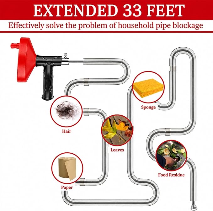 Drain Snake Auger, 33 Feet Plumbing Snake Drain Hair Clog Removal Tool, Heavy Duty Snake Auger, Sink Unclogger Drain Cleaner Tool for Bathroom Kitchen Tub Shower Drain Clog Remover with Gloves, Red