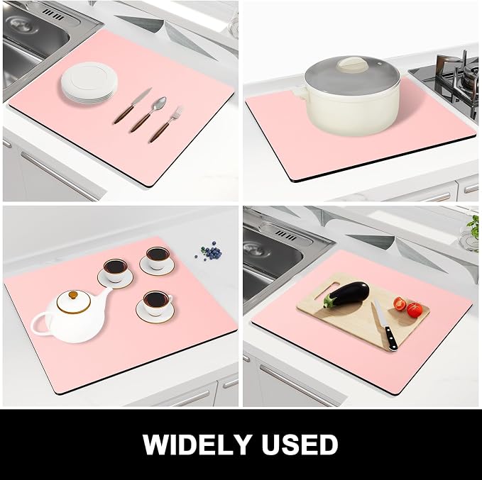 Rnivvi Dish Drying Mat for Kitchen Counter, 16 x 18" Cute Absorbent Heat Resistant Drying Pad with Non-slip Rubber, Coffee Bar Mats for Coffee Machine Dish Rack Kitchen Decor Accessories, Pink
